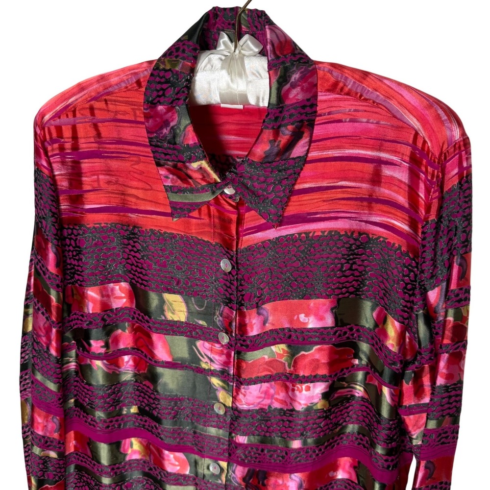 Coldwater Creek Blouse Size 2X Floral Striped Silk Rayon Semi-Sheer Button Down - Picture 4 of 12